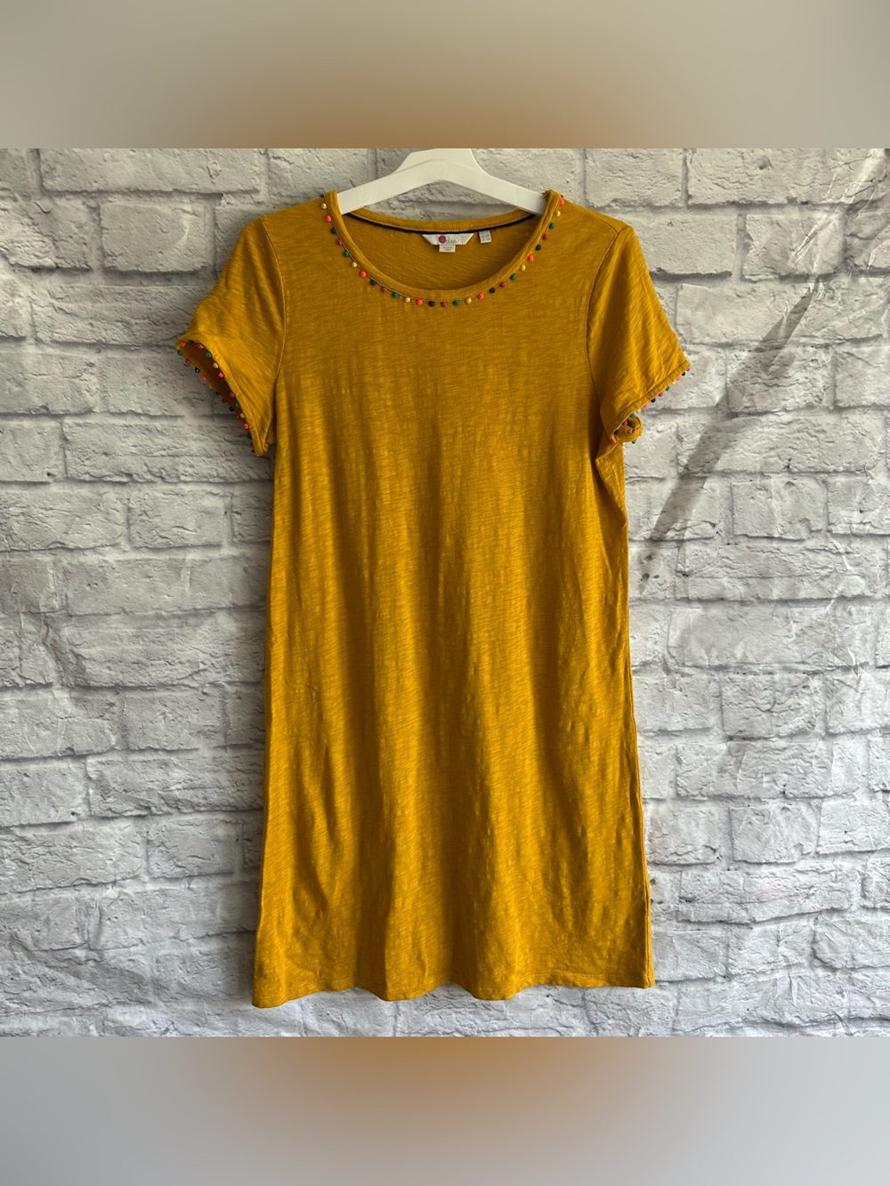 PREOWNED BODEN YELLOW POM POM TRIM SHORT SLEEVE TSHIRT DRESS WOMENS 8 PETITE